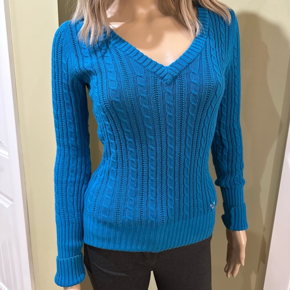 Blue Cable Knit V-Neck Sweater